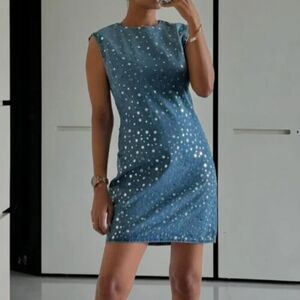 Zara Womens Mini Jean Dress mirror beaded S Small Light Blue Denim 6688/280 NWT